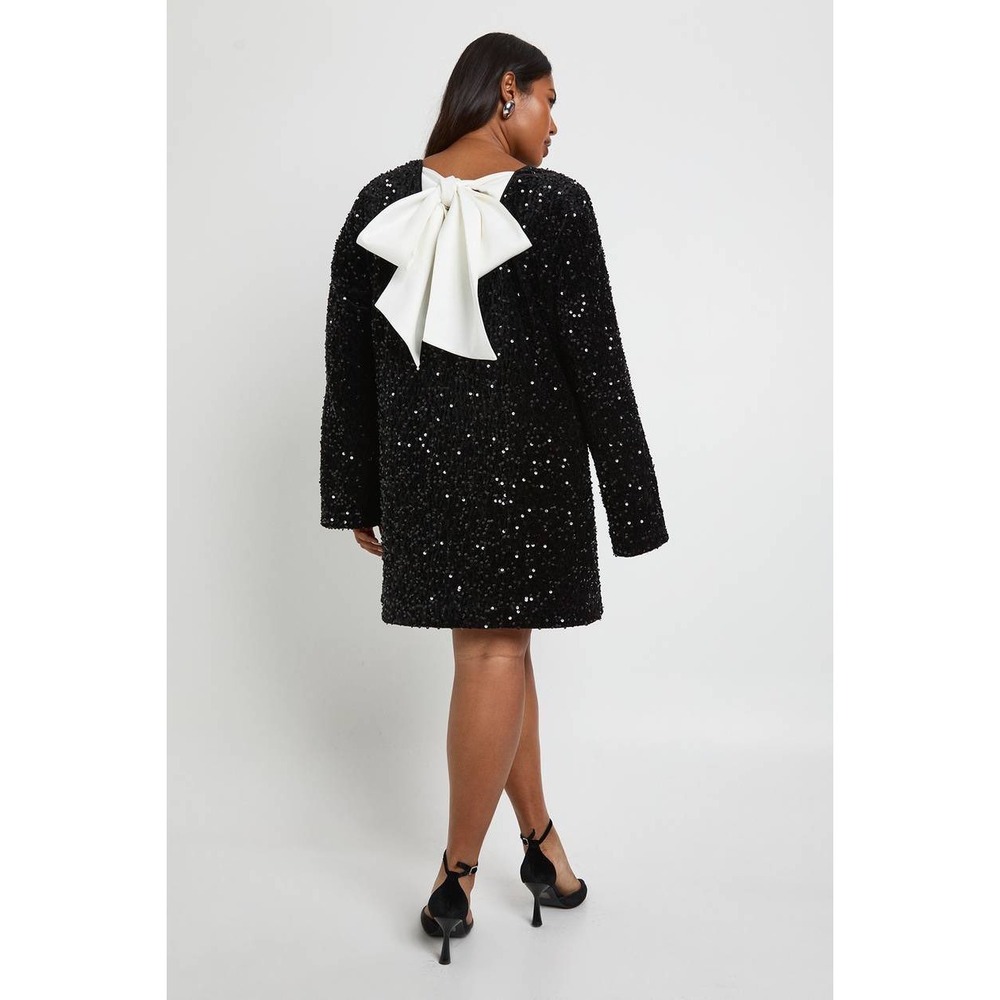 Boohoo Dress Velvet Sequin Bow Back Shift Mini Black 12 Coquette Holiday